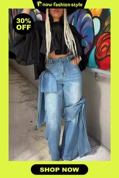 knowfashionstyle Bow Decor Casual Plus Size High Waist Distressed Wide Leg Jeans Distressed Wide Leg Jeans, Denim Style Casual, Denim Bows, Bow Decor, Jeans Online, Casual Denim, Wholesale Fashion, Wide Leg Jeans, Denim Fashion