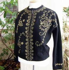 Vintage Beaded Cardigan Black Gold M B47 by DecadencePast on Etsy, $83.00 Diy Cardigan, Jeweled Sweater, Thrift Store Outfits, Klamath Falls, Novelty Sweater, Knit Cardi, Robes Vintage, Motifs Perler, Beaded Cardigan