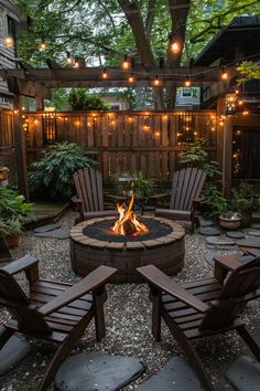 an outdoor fire pit with chairs around it