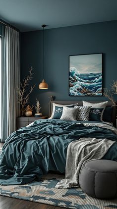 Dark Teal Bedroom Dusty Teal Bedroom, Moody Teal Bedroom, Teal Aesthetic Bedroom, Teal Blue Bedroom Ideas, Ocean Blue Bedroom, Dark Teal Bedding, Deep Ocean Aesthetic Dark, Deep Teal Bedroom, Black And Teal Bedroom