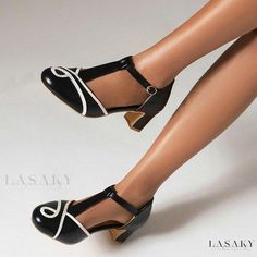 Lasaky - Stylish Round-toe High Heel Sandals with Chunky Heel and Buckle Closure in Black and Brown Retro Black Sandals For Party, Party T-strap Sandals With Round Toe, Retro Black Party Sandals, White T-strap Sandals For Party With Round Toe, Black Closed Toe T-strap Sandals For Party, Black Round Toe T-strap Sandals For Evening, Retro Pointed Toe Party Sandals, Retro Pointed Toe Sandals For Party, Black Closed Toe T-strap Sandals For Evening