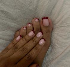 Maroon French Tip Nails Acrylic Square, Nails For Tiny Hands, Red French Tip Nails Pedicure, Short Burgundy French Tip Nails, Wine Red Toe Nails, Cute Manicure Ideas For Natural Nails, Burgundy French Tip Toes, French Tip Real Nails, Short Professional Nails For Work