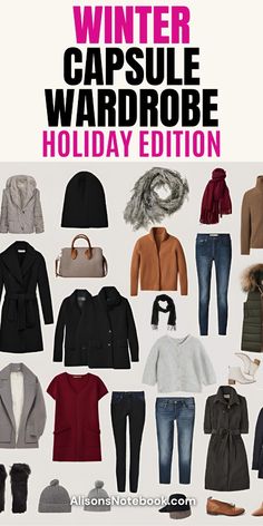 Finding it hard to decide what to wear this holiday season? Discover the ultimate winter holiday capsule wardrobe with tips on how to build a winter capsule wardrobe that suits every festive occasion. This guide is packed with winter wardrobe essentials and stylish winter outfits to help you create a chic and minimalist winter wardrobe. Subscribe now to get your FREE capsule wardrobe guide and step into the season with confidence and style! Holiday Capsule Wardrobe, Capsule Wardrobe Essentials, Stylish Winter Outfits, Cozy Winter Outfits