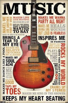 a red guitar with words all over it