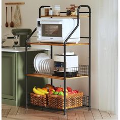 a microwave oven sitting on top of a metal shelf