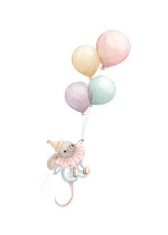 a drawing of a stuffed animal holding several balloons in the shape of a mouse with a crown on its head