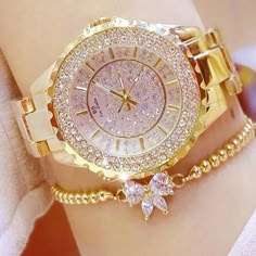 18K Yellow Gold Diamond Wrist Watches Ladies Clock Quartz Womens Jewelry Luxury Manual Winding Women's Jewelry And Watches, Luxury Gold Jewelry And Watches For Anniversary, Casual Watches Women, Casio Vintage, Swiss Army Watches, Womens Watches Luxury, Girls Watches, Waterproof Watch, Stylish Watches