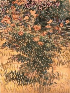 an image of a painting with flowers in the foreground and trees in the background