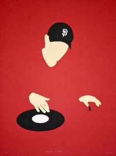 a painting with hands reaching for a record player's hat on top of it