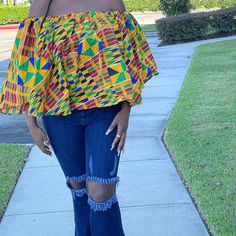 African Clothing For Women Ankara Kente Handmade Off The Shoulder Top Wit Sewing In Inner Made With Polycotton Fabrics Model Is Wearing Size 12 Trendy Yellow Stretch Blouse, Casual Stretch Yellow Blouse, Trendy Yellow Blouse For Vacation, Trendy Yellow Vacation Blouse, Polycotton Fabric, African Ankara, Off The Shoulder Top, African Clothing, Clothing For Women