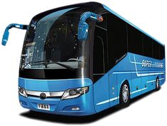 a blue bus is parked in front of a white background