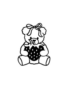 a black and white drawing of a teddy bear with a heart in its paws sitting on the ground