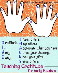 two hands are shown with the words teaching gratitude for early readers