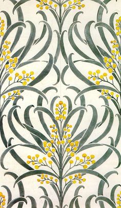 an art nouveau style wallpaper with yellow flowers and leaves on it's side