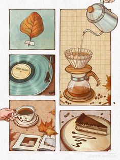 four different pictures with coffee, cake, and leaves on the same page in this illustration