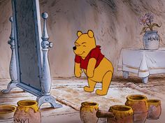 winnie the pooh looking at herself in front of a mirror with five vases