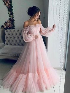 A-Line/Princess Tulle Applique Off-the-Shoulder Long Sleeves Floor-Length Dresses - Prom Dresses Burgundy Ball Gown, Gaun Tulle, Tulle Prom Dress Long, Prom Dress Black, Evening Dress Long, Prom Dresses Long Pink, Princess Prom Dresses, Girls Pageant Dresses, Vintage Prom