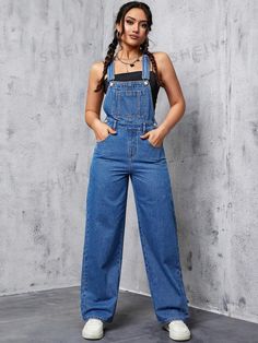 Details:Button \nStyle:Casual \nWaist Line:High Waist \nDetails:Patched \nDetails:Pocket \nNeckline:Straps \nType:Overall \nColor:Medium Wash \nPattern Type:Plain \nSleeve Length:Sleeveless \nLength:Long \nFit Type:Regular Fit \nFabric:Non-Stretch \nMaterial:Denim \nComposition:90% Cotton \nComposition:6% Polyester \nComposition:4% Viscose \nCare Instructions:Machine wash, do not dry clean \nBody:Unlined \nSheer:No \n Womens Denim Overalls, Jeans Overall, Denim Dungarees, Moda Jeans, Skirt Denim, Denim Blouse, Denim Overalls, Denim Jumpsuit, Wide Leg Denim