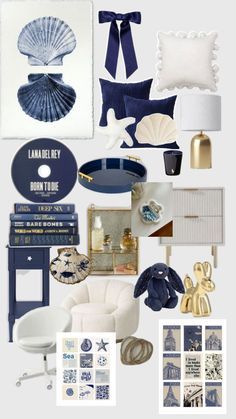 a collage of blue and white items including an umbrella, chair, lamp, books, pictures, and more