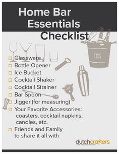 a poster with the words home bar essentials checklist written in black and white