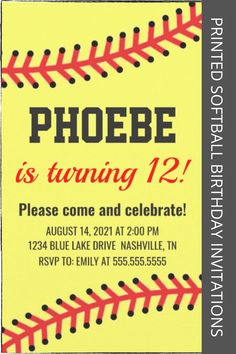 a yellow and black baseball birthday party card