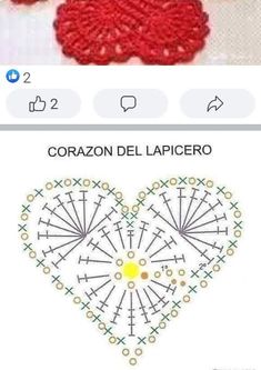 a crocheted heart is shown with the words coran del lapicero