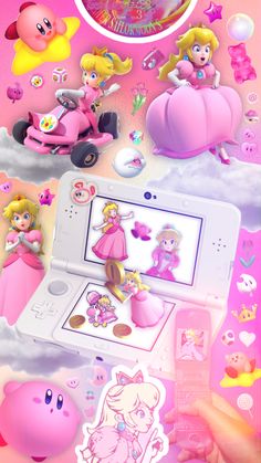 the nintendo wii game is being displayed in front of a pink background with various characters