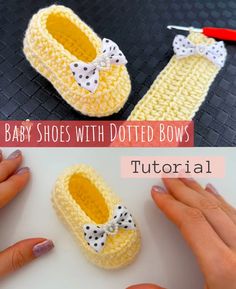 crocheted baby shoes with dots and bows are shown in two different pictures, one is yellow and the other is white