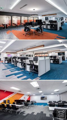 two pictures of an office with desks and chairs