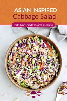 Cabbage cashew salad with edamame in a large bowl tossed in tahini dressing. Asian Cabbage Salad, Asian Cabbage, Egg Salad Recipe Easy, Asian Salad Recipe, Ramen Salad, Ramen Noodle Salad, Cabbage Salad Recipes, Shredded Carrots, Asian Salad