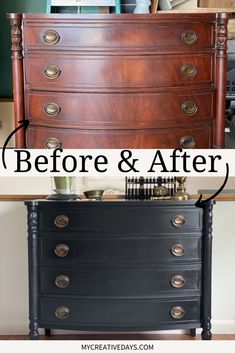 an old dresser has been painted black and is being used as a chest of drawers