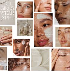 a collage of photos showing different types of skin care products and women's faces