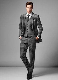 Embrace the allure of voguish fashion with our Retro Reel Black Stripe Suit, a timeless garment that effortlessly combines vintage-inspired charm with modern sensibility. A dapper blend of wool refinement, its subtle yet striking stripe pattern adds visual interest and depth, while the plush texture invites touch and indulgence. The soft black-and-white hue lends it an air of understated grace, guaranteeing that you'll radiate confidence and unparalleled style. #studiosuits #menwithstyle #mensfashion #stripe #stripesuit #blackstripe #suitswag #fashionforman #fashiondaily #classydapper #menswear #mensclothing #fashionable Blue Linen Suit, Three Piece Suits, Striped Suit, Seersucker Suit