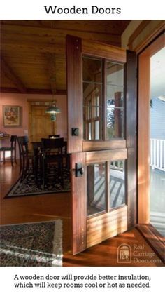 an open door leading to a dining room and patio area with wooden furniture on either side