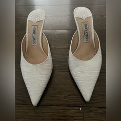 Authentic Jimmy Choo Kitchen Heel In Good Condition Worn Just A Few Times! Snakeskin Detail White Size 7.5 Makes Every Outfit So Stylish Luxury White Flat Heels, Designer White Flat Heels, Designer White Low Heel Heels, Jimmy Choo Shoes, Kitten Heel, Snake Skin, Jimmy Choo, Shoes Women Heels, Kitten Heels