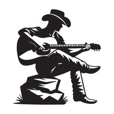 A Cowboy playing a guitar illustration in black and white Guitar Doodle Art, Guitar Silhouette, Playing A Guitar, Guitar Illustration, Tutorials Drawing, Tree Saw, Wedding People, Guitar Art, Cityscape Photos