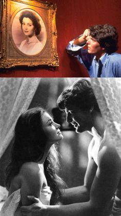 two pictures one with a woman and the other with a man kissing each other in front of a portrait