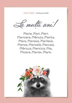 a card with an image of a raccoon wearing flowers on it's head