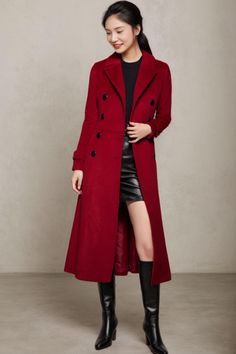 ★★ Welcome to my Ylistyle's shop！！！ This dark red wool coat, suitable for various occasions, whether for everyday wear or formal events.  Every detail of the long wool coat is handled very well.  The wool coat can be customized to your size. ★★FEATURES 50% wool, 50% fiber nylon polyester Polyester lining Two Side pockets Buttons closure Long wool coat A line coat Vintage inspired overcoat Dark red wool coat Autumn winter wool coat Dry clean ★★ The model's height approx 170 cm (5′ 7″) with the 84 cm (33") bust, 66 cm (26") waist. She is wearing the wool coat in size XS (US2) ★★ Please select custom order according to the follow situation Can't find your size Your height is over 175cm Your weight is over 75kg Request Length custom Request sleeve length ★★ Get your size in Size Chart with you Long Solid Pea Coat For Fall, Fitted Solid Color Pea Coat, Fall Wool Coat With Lapel Collar In Solid Color, Winter Long Pea Coat, Solid Color Long Wool Coat For Fall, Long Pea Coat For Fall, Winter Wool Coat For Office, Fitted Long Wool Coat In Solid Color, Solid Color Wool Coat For Winter