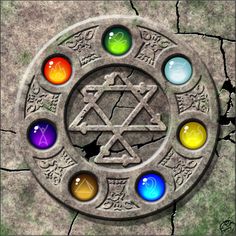 the seven chakras are surrounded by eight different colored glass balls on a stone surface