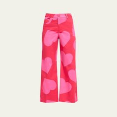 Libertine "Pinky" pants in red heart print Cropped fit Mid rise sits high on hip Wide legs Five-pocket style Button/zip fly; belt loops Cotton/elastane Dry clean Made in USA Cotton Bottoms With Heart Print, Fitted Cotton Bottoms With Heart Print, Pink Heart Print Bottoms For Spring, Trendy Heart Print Bottoms For Spring, Fitted Pink Bottoms With Heart Print, Casual Straight Leg Bottoms With Heart Print, Fitted Heart Print Bottoms For Spring, Casual High Waist Heart Print Bottoms, Trendy Pink Bottoms With Heart Print