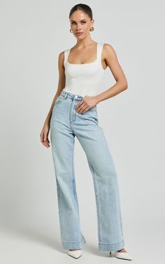 Emman Jeans - High Waisted Cotton Wide Leg Denim Jeans in Sunday Blue Classic Light Wash Flare Jeans For Summer, Everyday White Denim Flare Jeans, Light Wash Wide Leg Jeans, Timeless Jeans, Wide Leg Denim Jeans, Coastal Granddaughter, Wardrobe Ideas, Light Blue Denim, Wide Legs