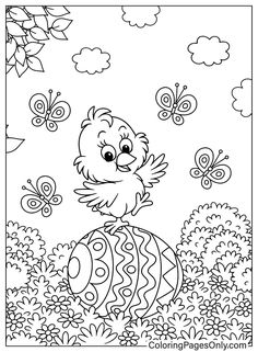 a coloring page with an easter chick sitting on top of an egg in the grass