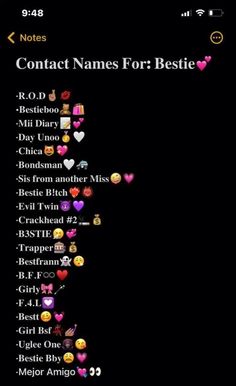 a black background with hearts and the words contact names for bestie on it's side