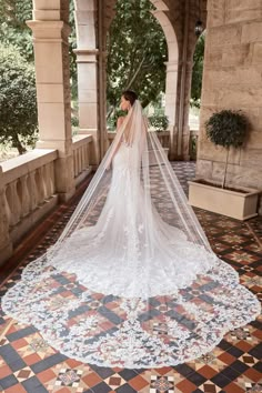 a woman in a wedding dress with a long veil