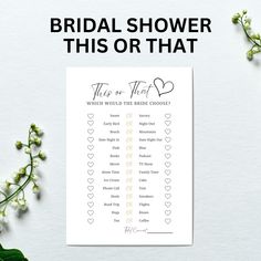 the bridal shower checklist is shown with flowers and greenery on the table