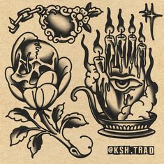 an old school tattoo design with skulls and candles in the bowl, on top of a piece of paper