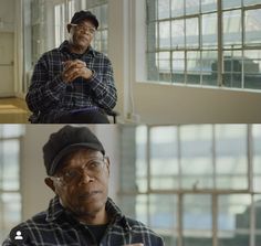 two pictures of an older man with glasses and a hat, one is looking at the camera