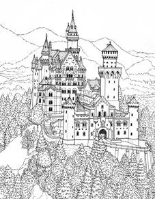 an ink drawing of a castle in the mountains with trees and bushes on it's sides