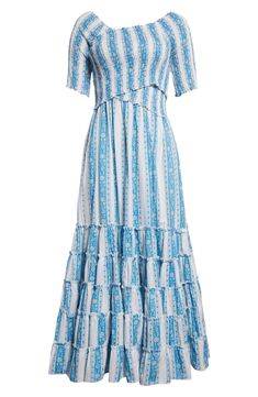 Flowery stripes sweeten this soft cotton maxi designed with a smocked bodice and a flouncy tiered-ruffle skirt. Surplice V-neck Short sleeves 100% cotton Dry clean Imported Maxi Design, Ruffle Maxi Dress, Tiered Ruffle Skirt, Aqua Dress, Cotton Maxi, Ruffled Maxi Dress, Ruffle Skirt, Jaipur, Smocking